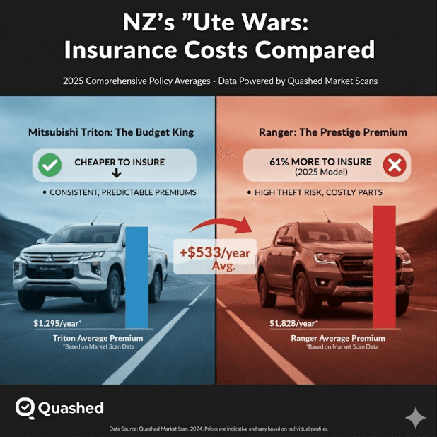Quashed 2026 Ute Wars comparison infographic Ford Ranger is significantly more expensive to insure than Mitsubishi Triton in New Zealand.