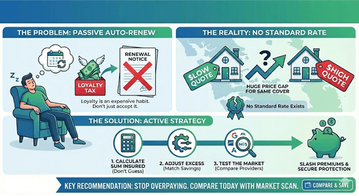 Quashed 2026 infographic illustrating how to beat the high cost of the insurance 'loyalty tax' and slash premiums by actively comparing market rates instead of auto-renewing.