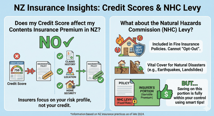 Infographic chart by Quashed showing NZ insurance premiums are based on location and claims history, not credit scores, plus an explanation of the mandatory Natural Hazards Commission (NHC) levy.