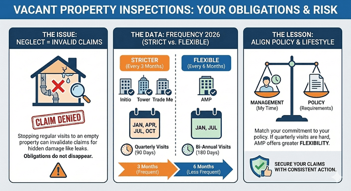 Quashed 2026 infographic comparing vacant property insurance inspection frequencies. It illustrates how neglecting visits invalidates claims and contrasts stricter 3-month policies (Initio, Tower, Trade Me) with flexible 6-month options (AMP) to secure coverage.