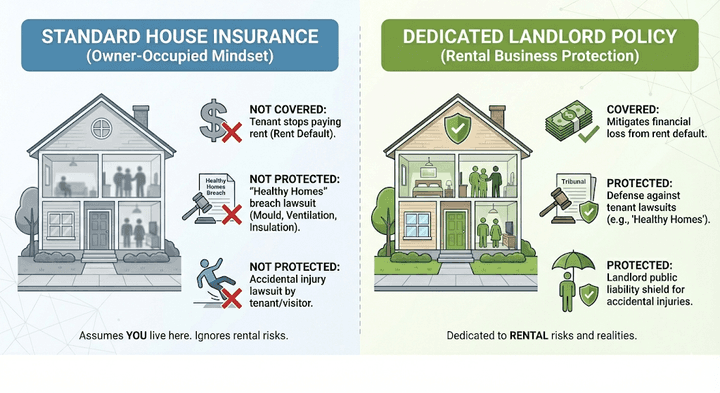 Quashed infographic for 2026 comparing standard house insurance versus a dedicated landlord policy for coverage gaps including rent default and Healthy Homes lawsuits.