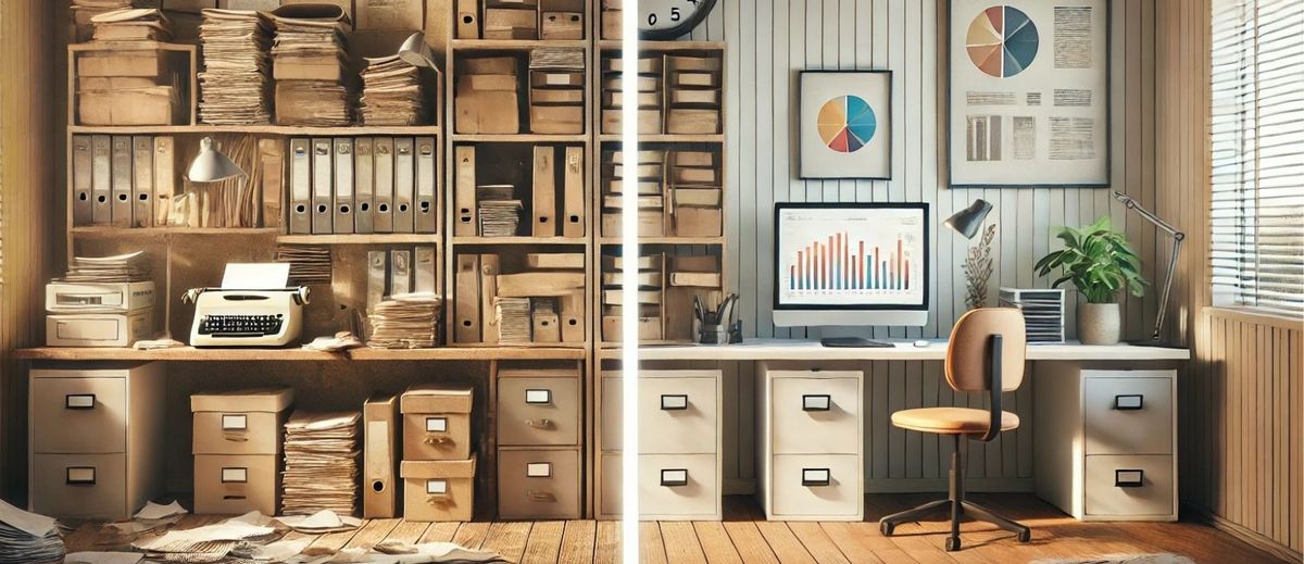 An old cluttered room filled with paper documents compared next to a sleek modern room featuring a computer showing live data.