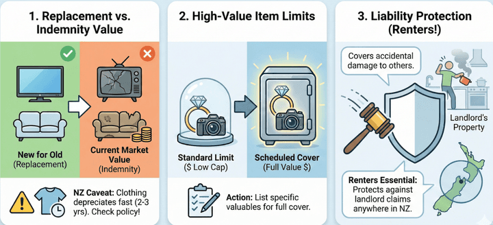 Quashed infographic checklist: Essential features for the best NZ contents insurance cover in 2025.