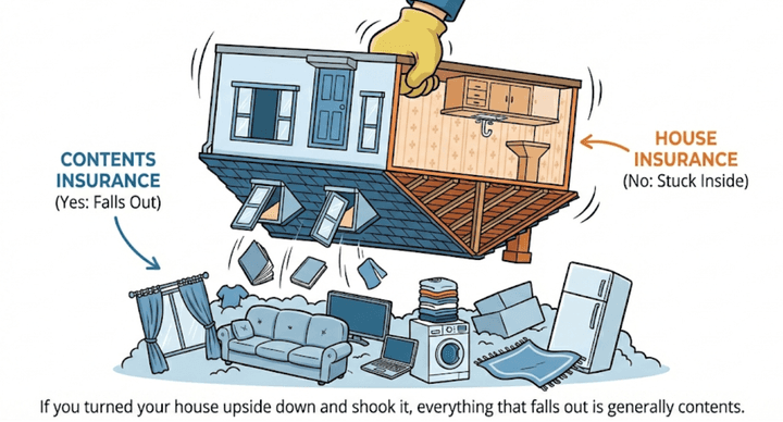 Quashed 2025 infographic illustrating the 'Upside Down Test' to distinguish contents from house insurance.
