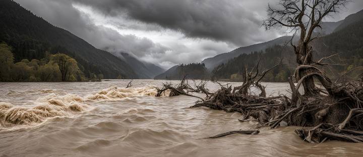 A flooded area with muddy water and mountains in the background.