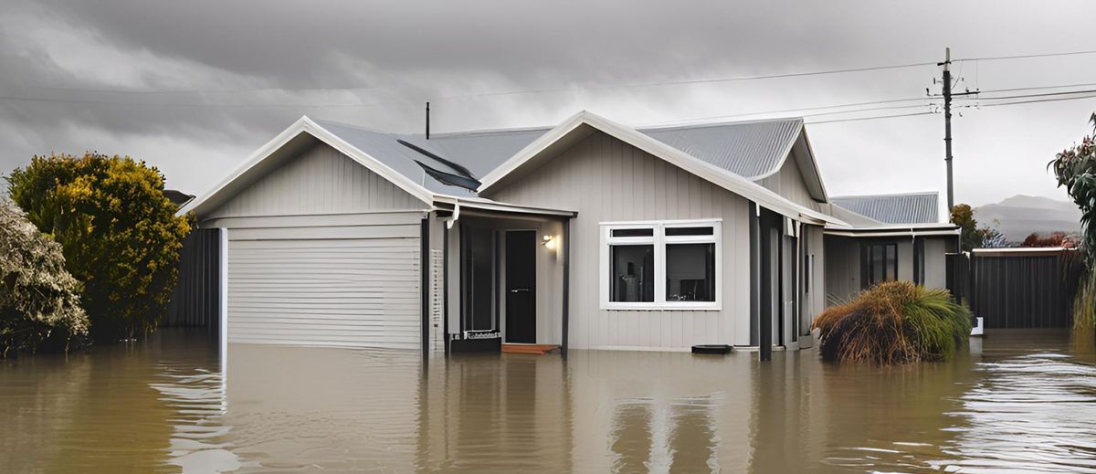 A modern home in New Zealand partially submerged in floodwaters.