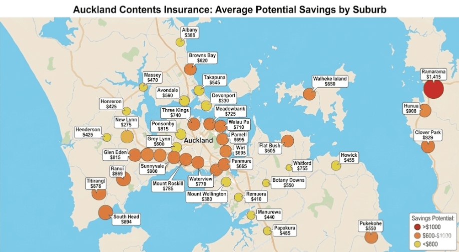 Map of Auckland contents insurance potential savings by suburb (Source: Quashed Data).