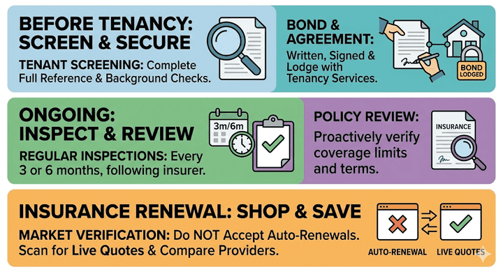 Quashed 2026 landlord compliance infographic showing steps for tenant screening bond lodging regular inspections and insurance market verification.