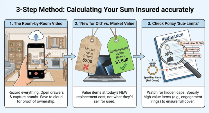 Quashed 2025 infographic showing three steps to calculate contents insurance value record a room-by-room video, use new-for-old replacement value, and check policy sub-limits.