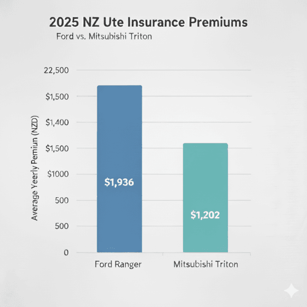 Bar chart in a Quashed 2026 article, comparing the 2025 Ford Ranger vs Mitsubishi Triton insurance premiums, showing the Ranger is 61% more expensive for new models.