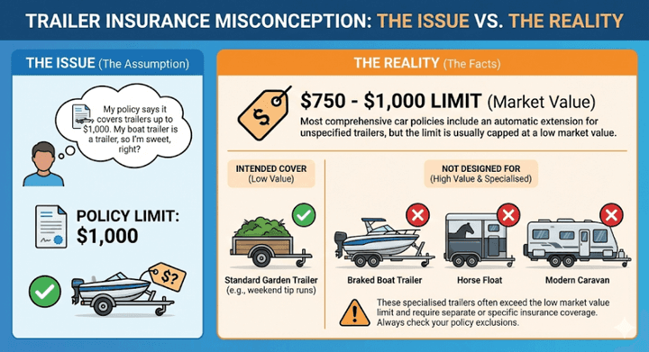 Quashed 2026 infographic showing car insurance trailer limits for boats and caravans