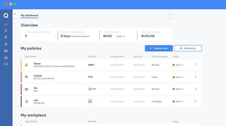 Quashed dashboard mockup