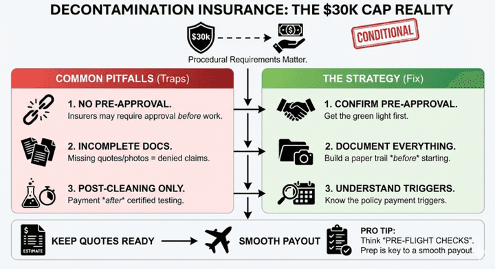 Quashed 2026 infographic detailing $30k decontamination insurance pitfalls and strategies to ensure successful claim payouts.