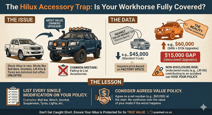 Infographic illustrating the Toyota Hilux "Accessory Trap" regarding insurance. It highlights the coverage gap for unlisted modifications like lift kits and recommends an Agreed Value Policy to ensure full protection.