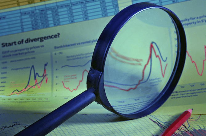 A magnifying glass over statistical data.