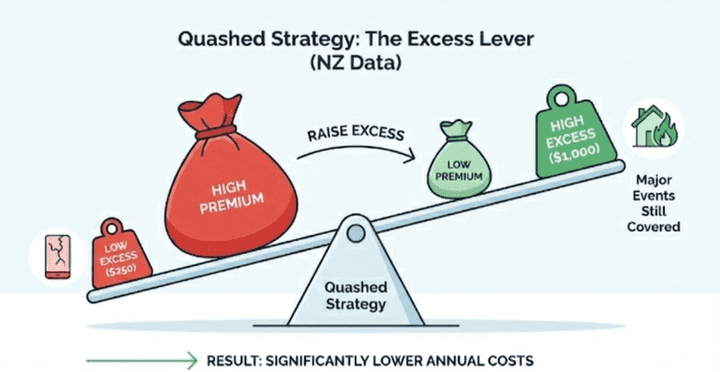 Strategy diagram for lowering contents insurance premiums in NZ. Illustrates how covering small risks out of pocket by choosing a higher excess can slash your premiums.