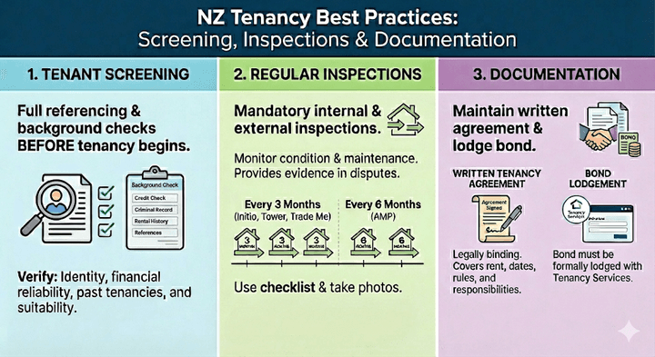 Quashed 2026 NZ landlord guide for tenant screening and mandatory property inspections and tenancy agreement documentation.