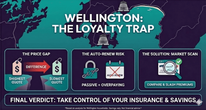The Loyalty Trap: Wellington Contents Insurance Guide. Graphic by Quashed showing three key steps: understanding the price gap, avoiding the auto-renew risk, and taking control of savings by comparing providers.