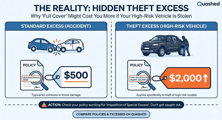 Strategy diagram showing the hidden cost of "Theft Excess" on Ford Ranger insurance policies.