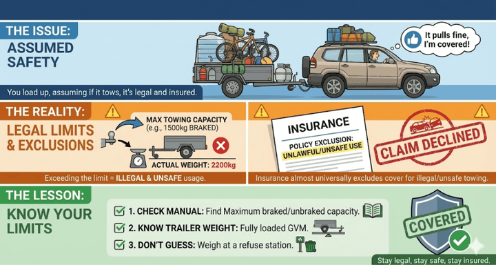 Quashed 2026 infographic showing overloading your trailer beyond towing limits can void your insurance