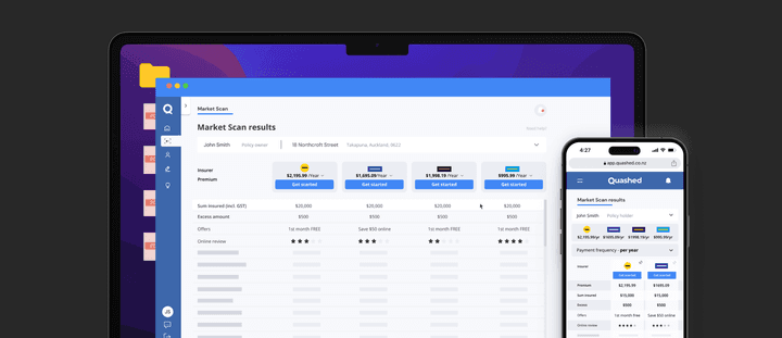 Mock up image showing the Quashed 2026 market scan with online NZ insurance quotes for easy comparison.