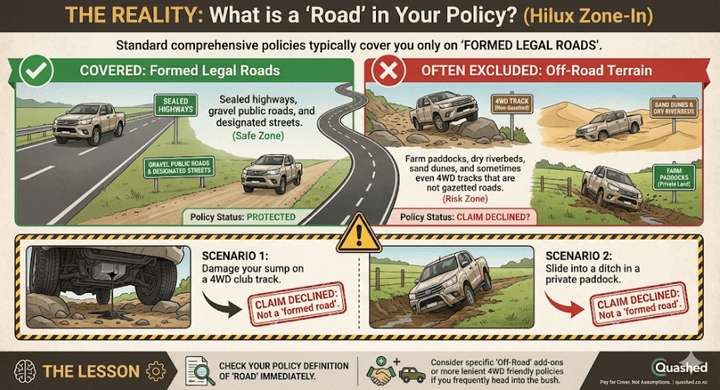Infographic comparing Toyota Hilux insurance coverage on "formed legal roads" vs. excluded off-road terrain. Highlights risks of declined claims for 4WD tracks, sand dunes, and sump damage on non-gazetted roads.