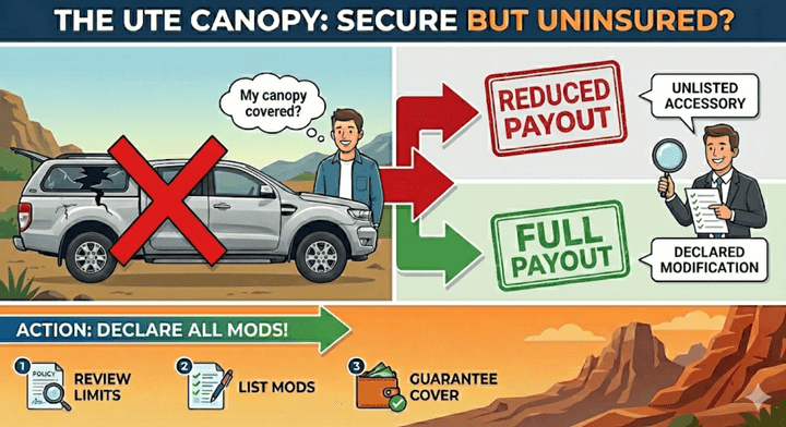 Infographic in a Quashed 2026 article warning that unlisted ute canopies lead to reduced insurance payouts. Declare all modifications for full coverage.