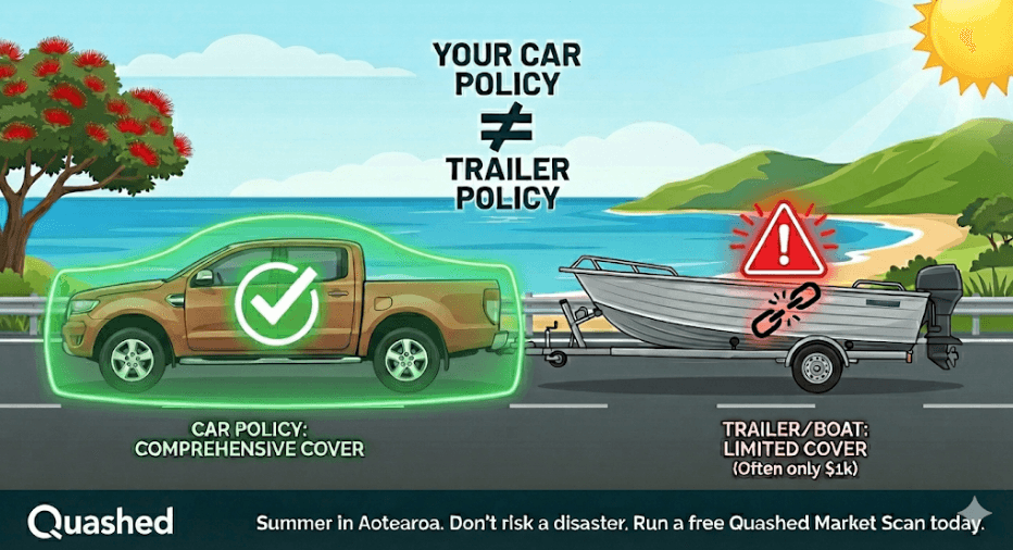 Quashed 2026 infographic showing car insurance covers the vehicle but limits boat and trailer coverage.
