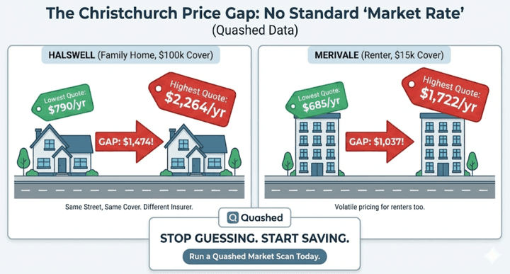 Infographic showing huge price gaps in Christchurch contents insurance quotes. Quashed data reveals a $1,474 difference in Halswell and a $1,037 gap in Merivale between providers.