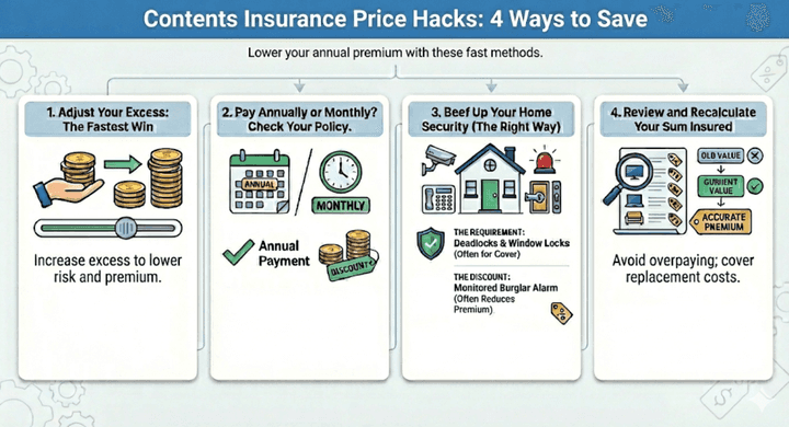 Infographic on price hacks for contents insurance: 4 ways to lower your premium including adjusting excess, paying annually, beefing up home security, and recalculating sum insured, by Quashed.