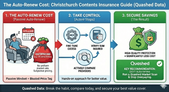 The Auto-Renew Cost: Christchurch Contents Insurance Guide. Graphic by Quashed showing three key steps: understanding the price gap, avoiding the auto-renew risk, and taking control of savings by comparing providers.
