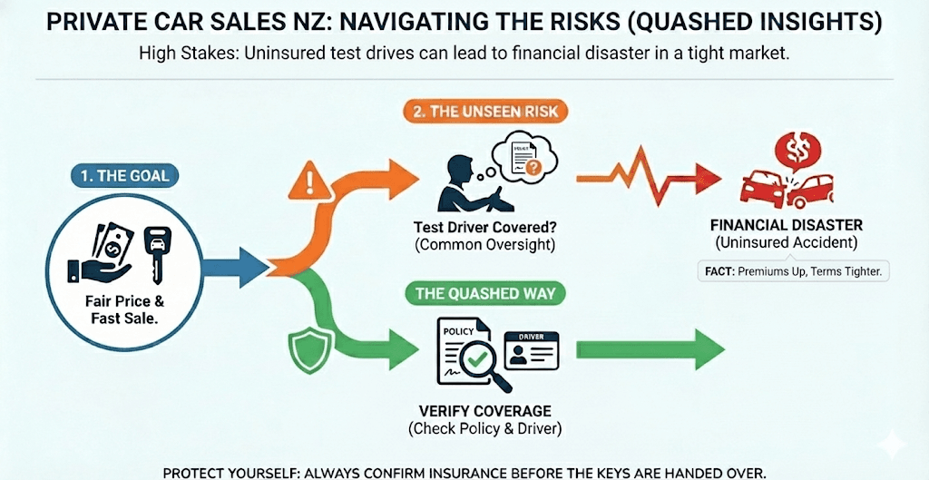 A Quashed 2026 infographic showing the path from a 'Fair Price' goal to 'Financial Disaster' via uninsured accidents, contrasted with 'The Quashed Way' of verifying insurance coverage.