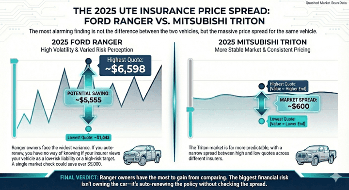 Infographic used in a 2026 quashed article, showing a comparison of a 2025 Ford Ranger vs Mitsubishi Triton insurance prices in NZ. Reveals a massive $5,555 potential saving for Ranger owners by comparing quotes with Quashed rather than auto-renewing.