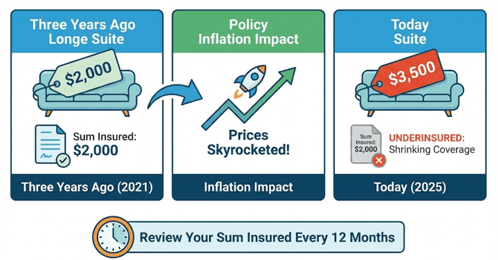 Quashed 2025 infographic illustrating the 'Inflation Trap,' showing how a lounge suite price increased from $2,000 in 2021 to $3,500 in 2025, emphasizing the need for annual Sum Insured reviews.