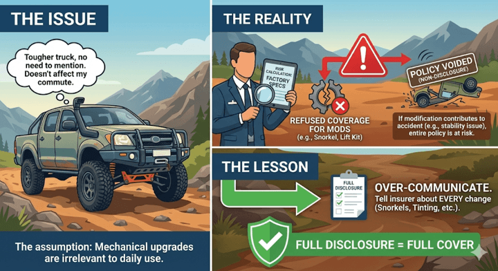 Infographic in a Quashed 2026 article, showing why not disclosing 4x4 mods to your insurer is risky. The message is that undeclared lift kits or snorkels can void your policy so always disclose upgrades for full cover.