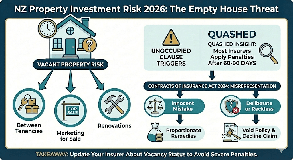 Quashed 2026 infographic: NZ property insurance risks for vacant homes, highlighting 60-90 day unoccupied clauses and the Contracts of Insurance Act 2024.