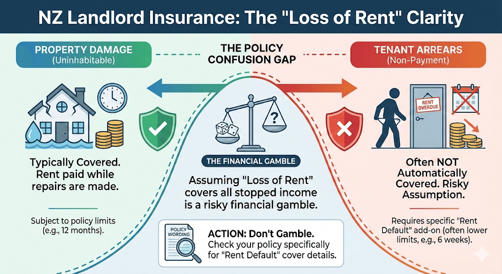 Quashed 2026 infographic on NZ Landlord Insurance: Visual comparison distinguishing "Loss of Rent" coverage for property damage versus the financial risk of tenant rent arrears and non-payment.