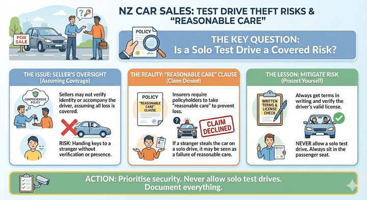 A Quashed 2026 security guide illustrating how solo test drives can lead to declined theft claims under 'Reasonable Care' clauses and why sellers should always stay in the vehicle.