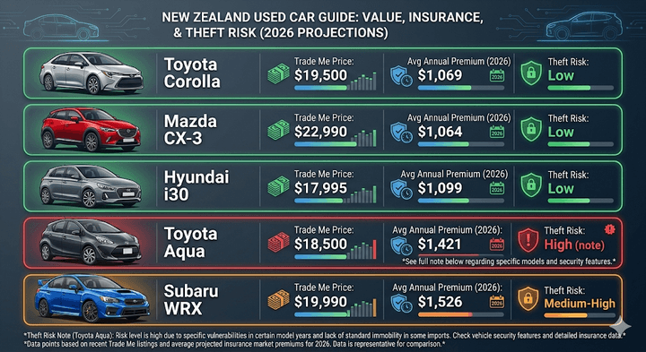 2026 infographic "The Road to Ownership" showing car prices and insurance premiums for various Trade Me models featured by Quashed.