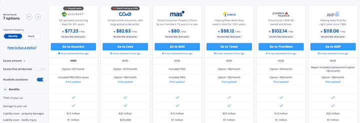 Quashed Market Scan tool comparing real-time insurance quotes from multiple NZ insurers including premium prices and policy coverage options in 2026.