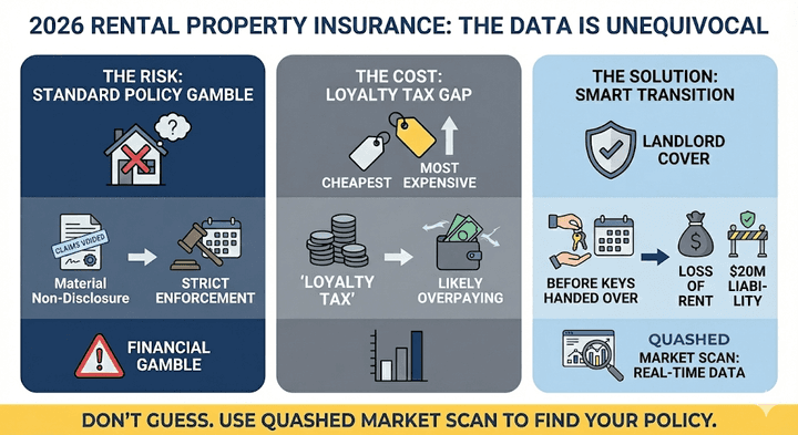 Quashed infographic warning 2026 landlords that retaining standard house insurance risks void claims and overpayment compared to specialised landlord policies.