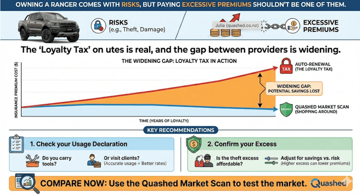 Infographic showing Ford Ranger insurance 'Loyalty Tax' and widening premium gap. Graph shows rising auto-renewal costs versus savings from comparing. Tips on usage and excess included.