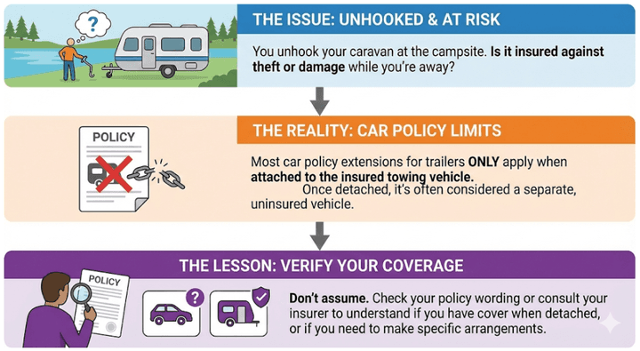 Quashed 2026 infographic explaining that standard car insurance often doesn't cover caravans once unhooked