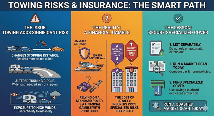 Quashed 2026 infographic on towing risks and the need for specialized boat and caravan insurance