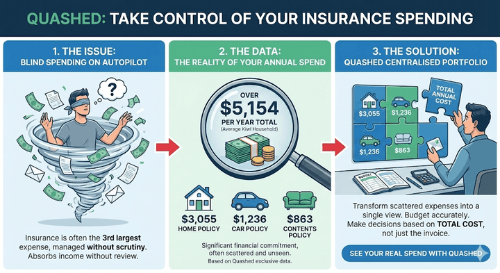 Quashed infographic comparing blind insurance spending against the Quashed Centralised Portfolio for managing $5,154 in annual costs.