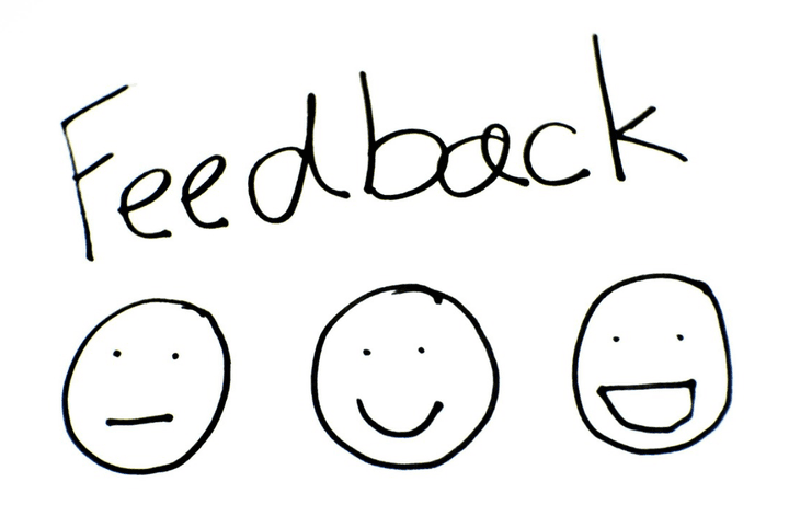 Customer feedback illustration for car insurance reviews, showing three hand-drawn faces representing satisfaction levels — neutral, happy, and very happy — under the word “Feedback.”