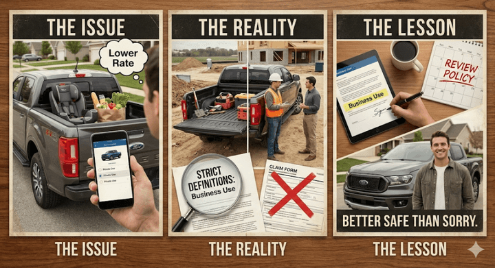Ford Ranger business vs private use insurance policy comparison infographic explaining the risks of underinsuring a mixed use vehicle.