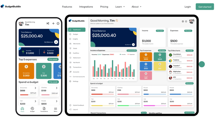 BudgetBuddie interface shown in phone and desktop format, featured in a 2026 NZ Quashed review.