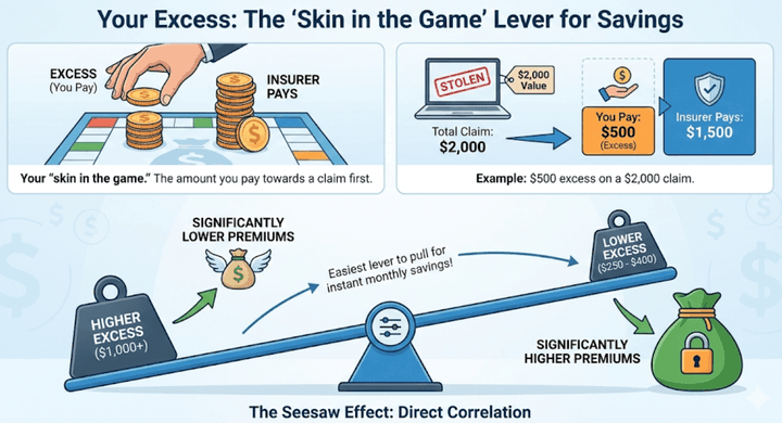 Quashed 2025 infographic illustrating the 'Seesaw Effect' of insurance higher excess leads to lower premiums, while lower excess results in higher premiums.