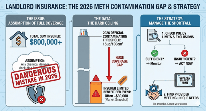 Infographic detailing the 2026 landlord insurance meth contamination gap and recommending a Quashed Market Scan.